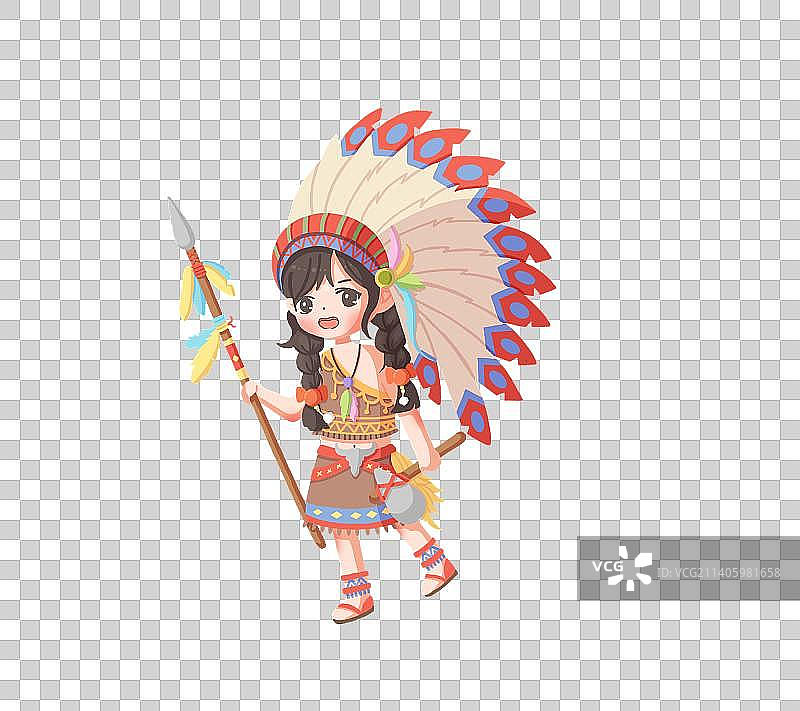 手拿武器头戴帽子穿着印第安传统服饰的可爱小女孩图片素材