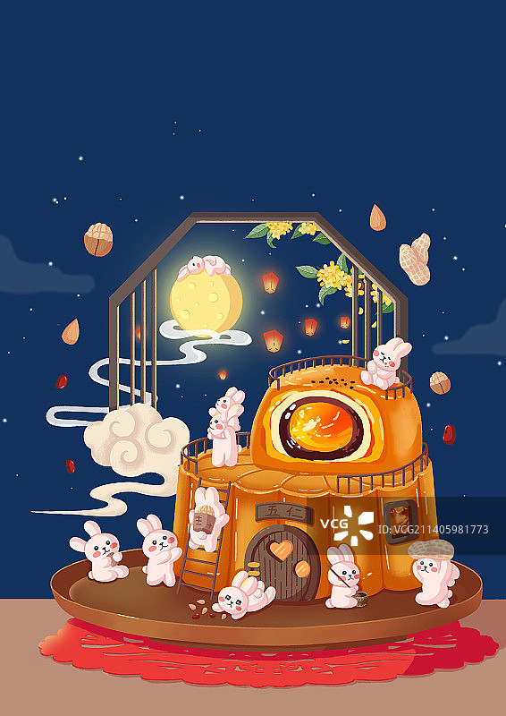 中秋节兔子吃月饼赏月扁平风喜庆插画图片素材
