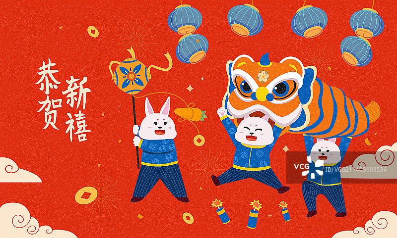 兔年舞狮卡通民俗年画图片素材