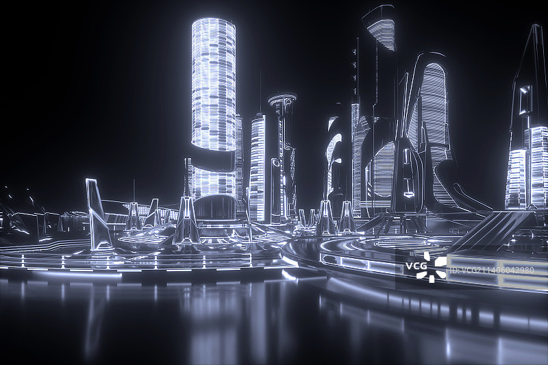 3D夜空下城市建筑的霓虹灯图片素材