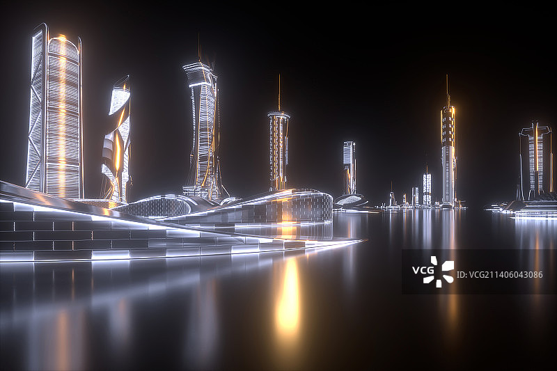 3D夜空下城市建筑的霓虹灯图片素材