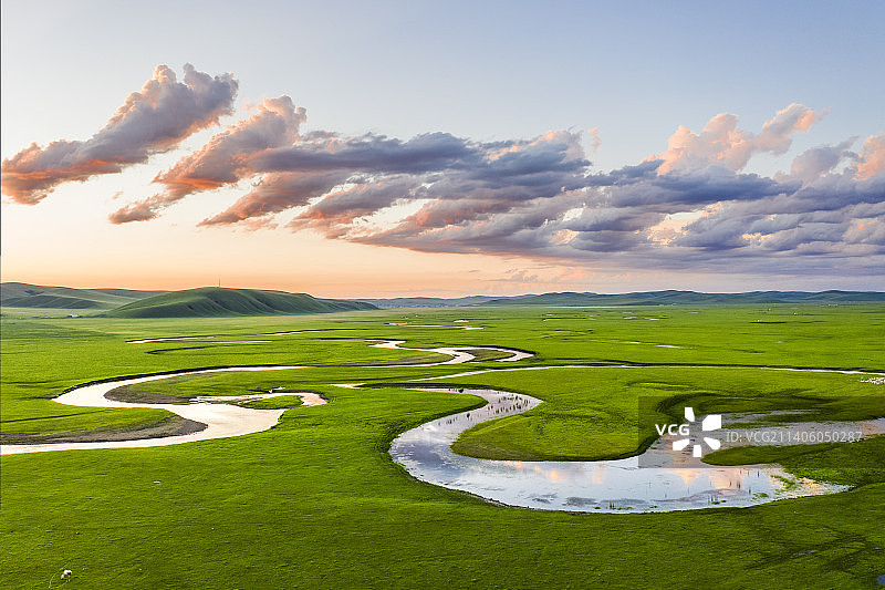 内蒙古呼伦贝尔草原莫日格勒河夏季日出户外航拍高视角图片素材