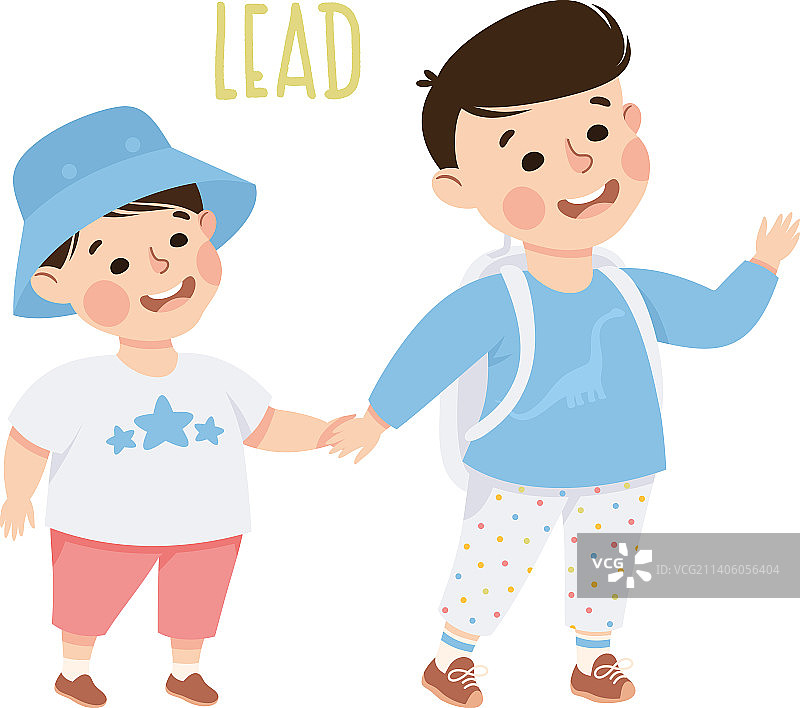 牵着蹒跚学步的孩子的小男孩图片素材