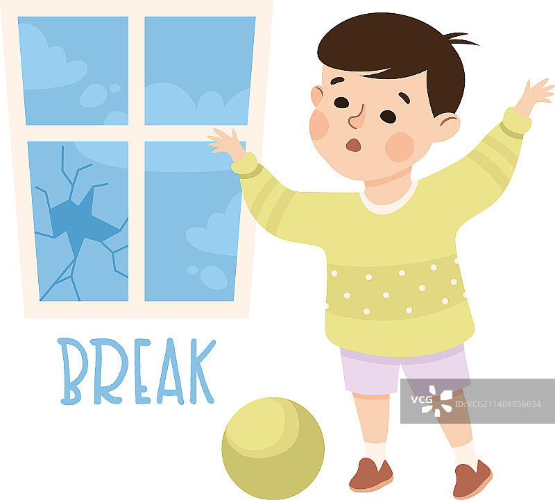 小男孩用球打破窗户图片素材