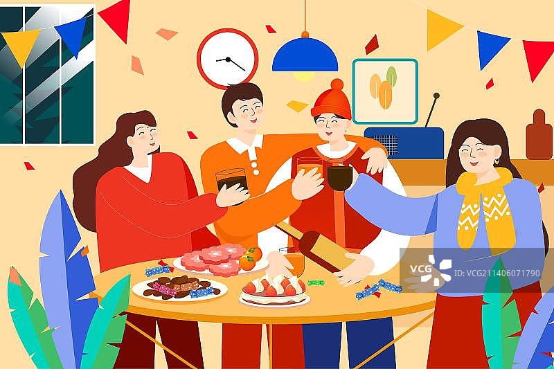 卡通节日春节新年年货节中秋节假期朋友休闲庆祝放松聚会团聚同学会欢呼电商宣传海报展板开屏扁平矢量插画图片素材