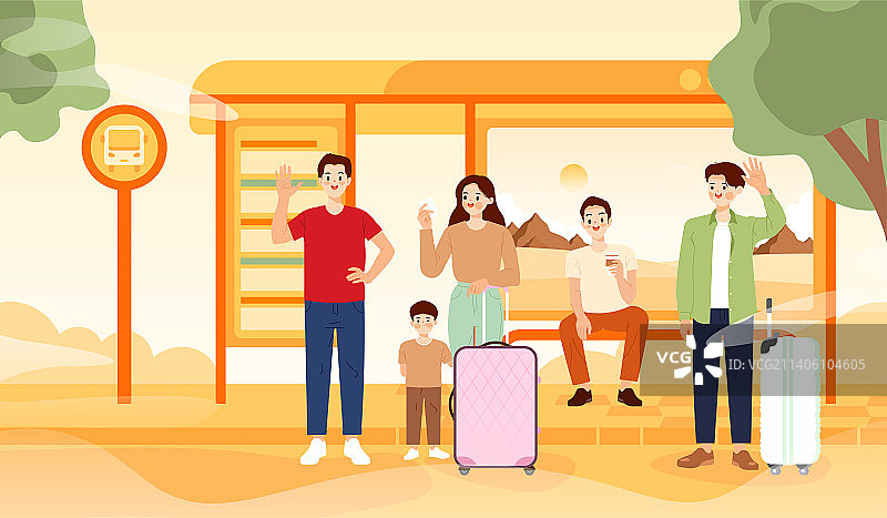 在公交车站等车的人矢量插画图片素材