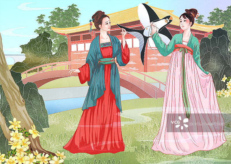 中国国风国潮汉服少女美女放风筝背景插画横版图片素材