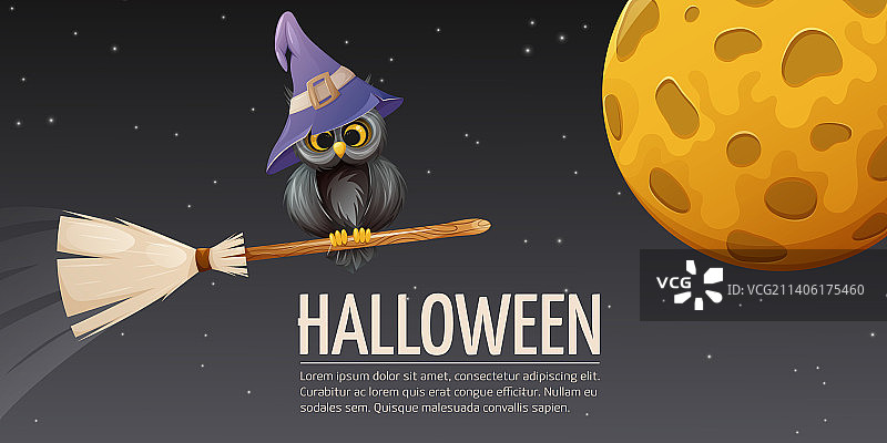 万圣节之夜背景：猫头鹰、扫帚、帽子、月亮图片素材