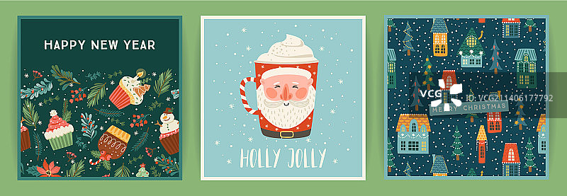 圣诞节和新年贺卡可爱套装图片素材