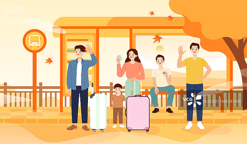 在公交车站等车的人矢量插画图片素材