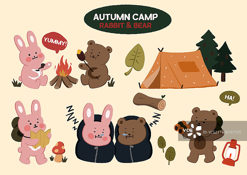 可爱熊和兔子绘画贴纸矢量图套装图片素材