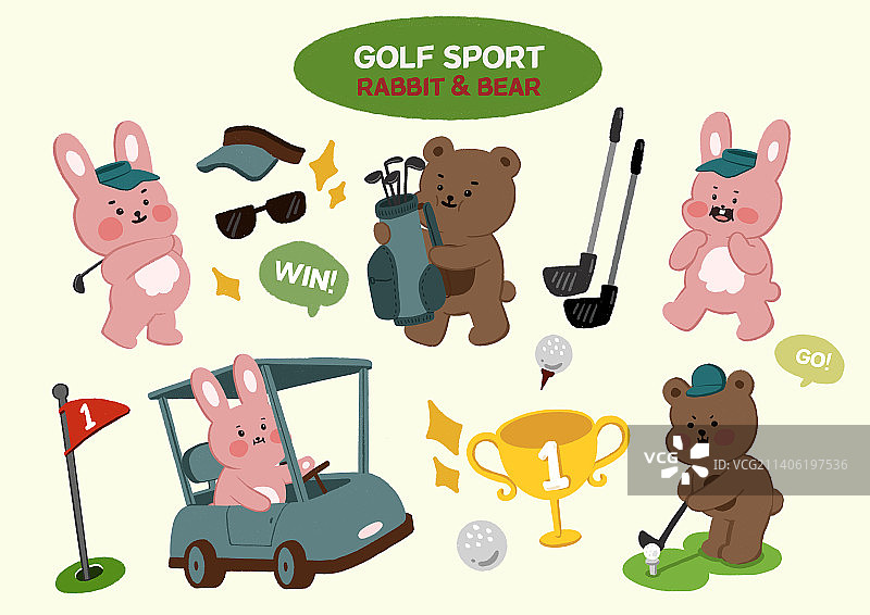 可爱熊和兔子绘画贴纸矢量图套装图片素材