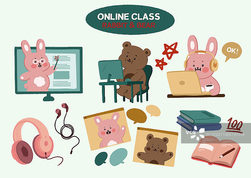 可爱熊和兔子绘画贴纸矢量图套装图片素材