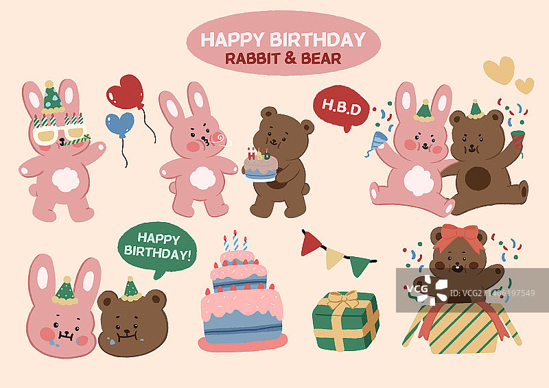 可爱熊和兔子绘画贴纸矢量图套装图片素材