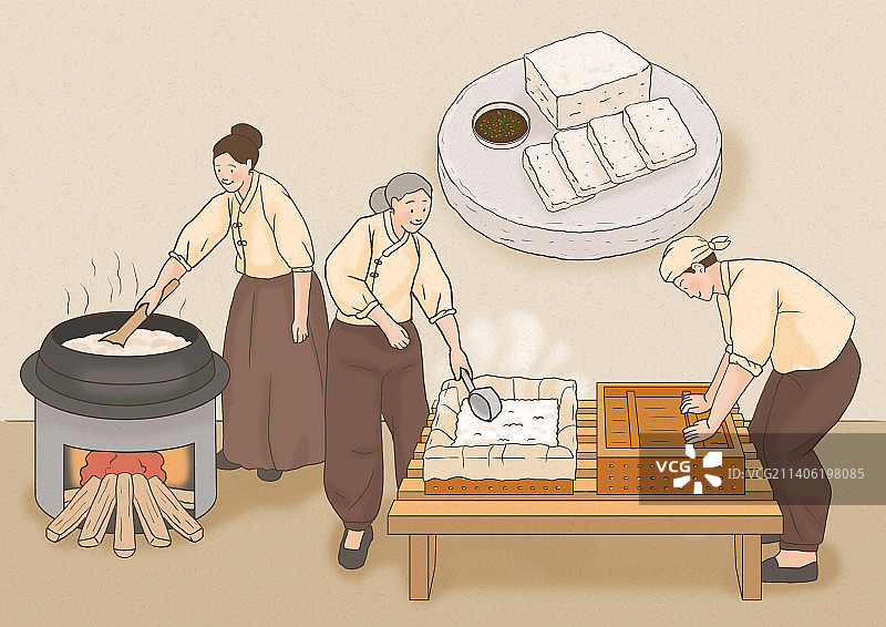 韩国传统美食豆腐制作插画图片素材