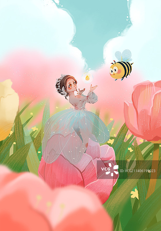 插画花丛中的蜜蜂和精灵少女图片素材