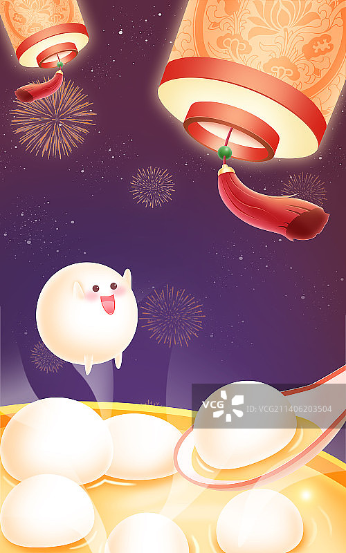 元宵节赏灯放烟花用勺子吃热乎乎的可爱汤圆图片素材