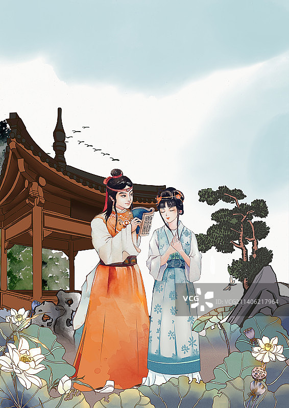 宝玉与黛玉竖版插画1图片素材