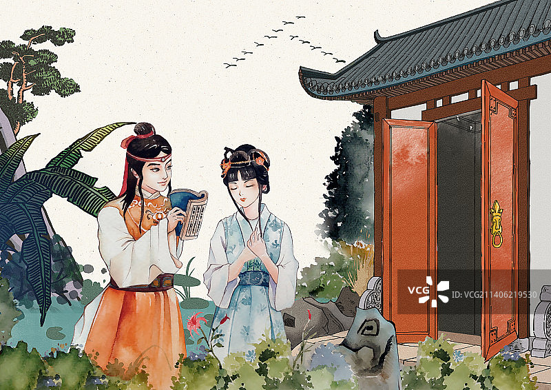 宝玉与黛玉横版插画图片素材