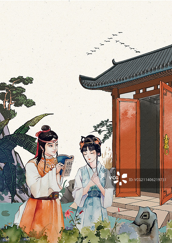 宝玉黛玉竖版插画2图片素材