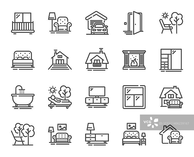 家具线条图标：阳台、房屋、露台等图片素材