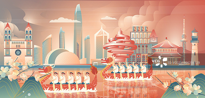 端午节青岛地标建筑群横板矢量节日插画图片素材