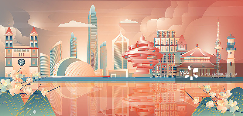 国庆节青岛地标建筑群横版矢量节日插画图片素材