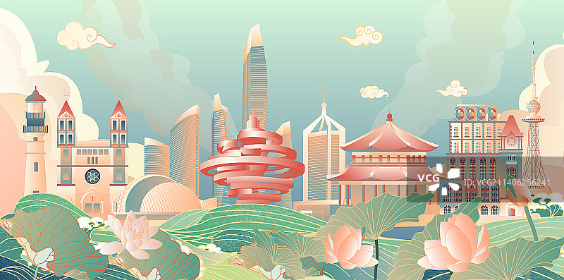 荷塘青岛地标建筑群矢量节日插画图片素材