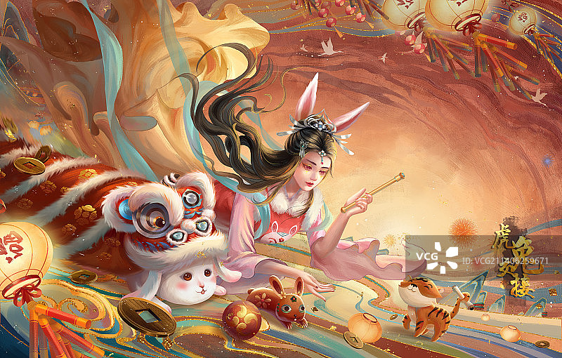 春节贺岁图虎兔交接图片素材