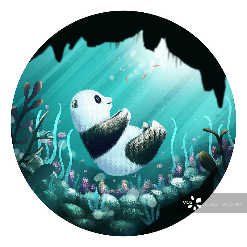 大熊猫海底漫游插画场景图片素材