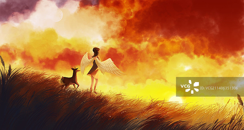 草原上追逐太阳的女孩图片素材