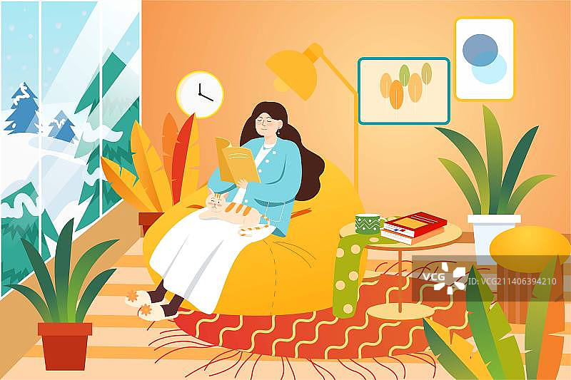 卡通节日节气冬天冬季季节大雪小雪立冬小寒大寒冬至室内一个人放松电商宣销广告电子商务线上扁平矢量插画图片素材