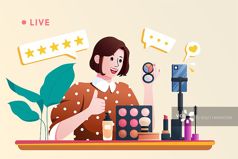 扁平风短发美女主播在线直播卖化妆品卖货插画图片素材
