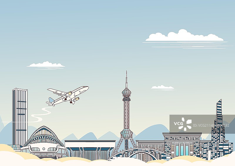 石家庄城市地标建筑简约背景插画图片素材