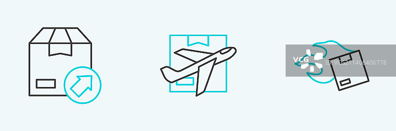 一组线条：纸箱、纸板箱、飞机图标图片素材