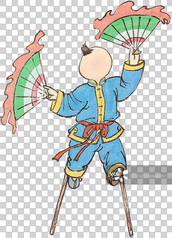 踩高跷舞扇子的儿童人物元素图片素材