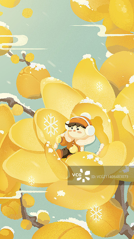 冬季下雪天腊梅盛开与小精灵图片素材