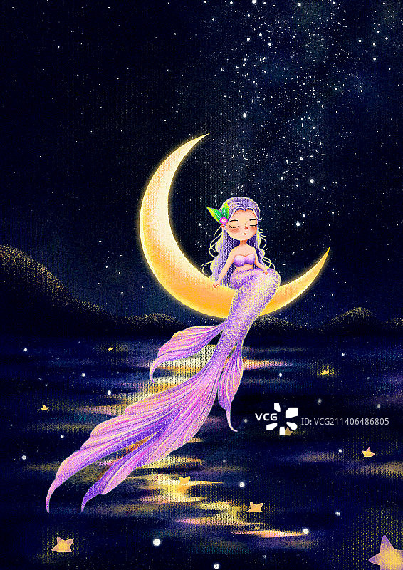 一条坐在月亮上的美人鱼图片素材