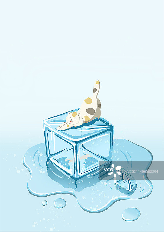 在冰块上伸懒腰的猫咪创意插画图片素材
