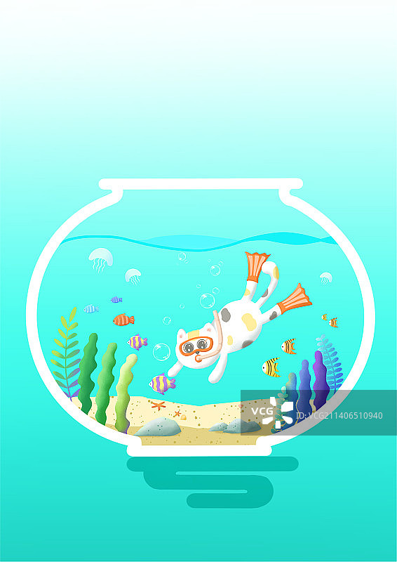 在鱼缸潜水的猫咪创意插画图片素材
