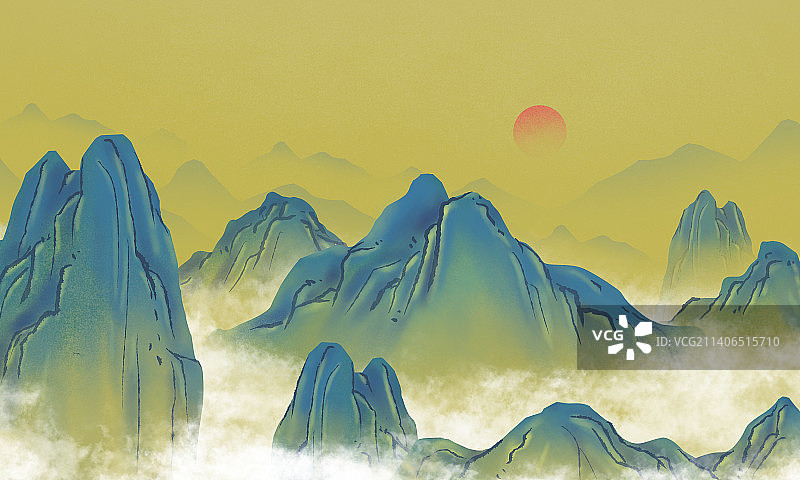 千里江山国潮风敦煌壁画中国风水墨诗意江风图片素材