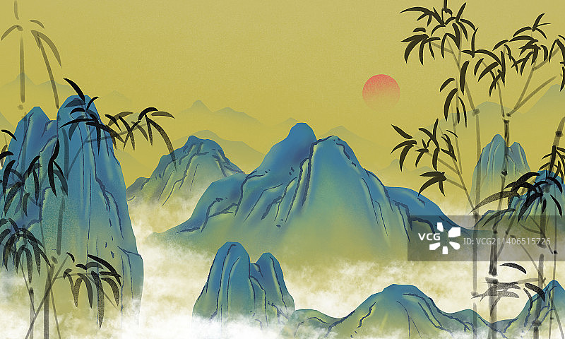 千里江山国潮风敦煌壁画竹林中国风水墨诗意江风图片素材