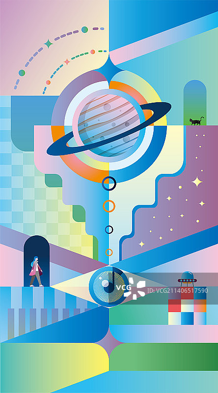 在时间中旅行的少女和猫抽象几何插画壁纸图片素材