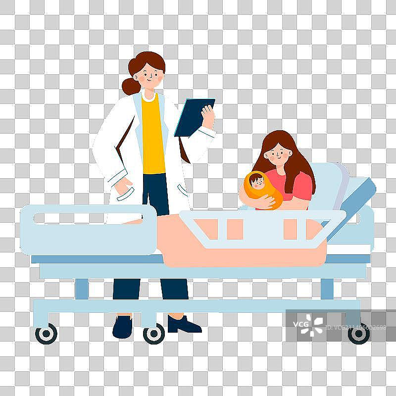新手妈妈怀抱新生宝宝在医院的插画图片素材
