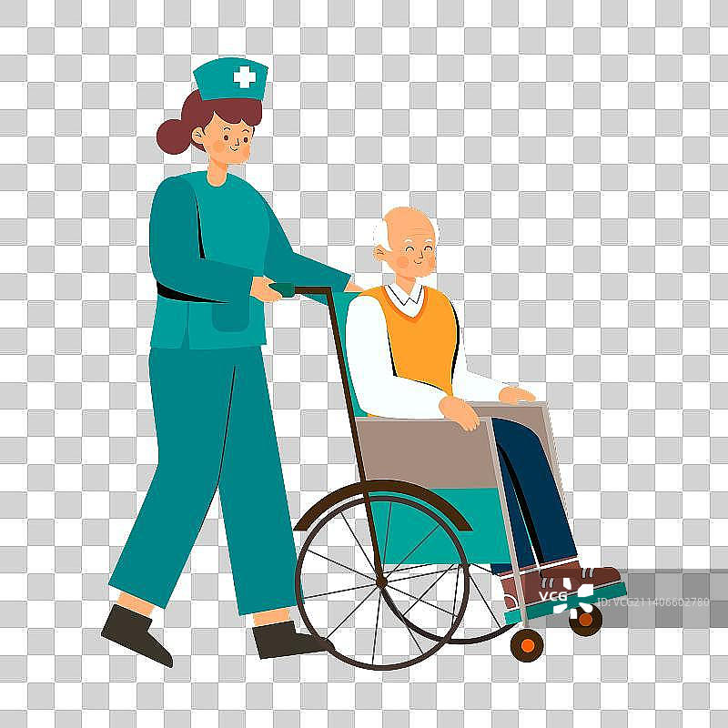 医护人员用轮椅推着生病的老人插画图片素材