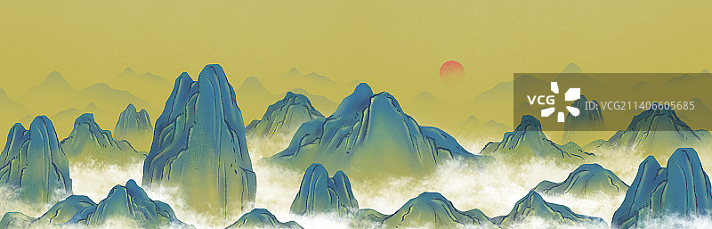 千里江山国潮风敦煌壁画中国风水墨诗意长图图片素材