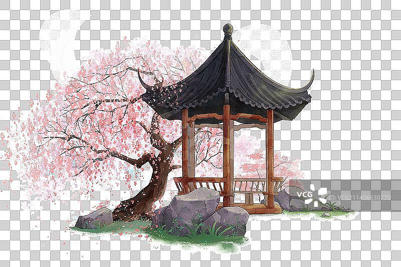 古风亭子粉色花树山石分层素材图片素材