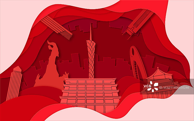 中国传统红剪纸建筑风格插画图片素材