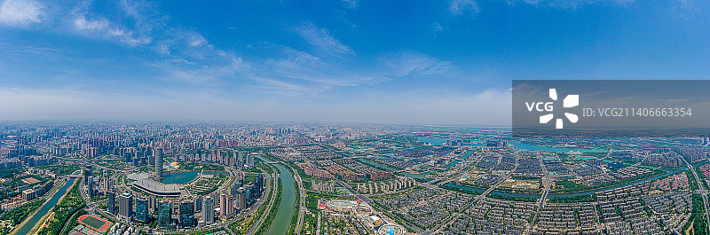 航拍河南郑州郑东新区CBD如意湖畔大玉米千玺广场全景图图片素材