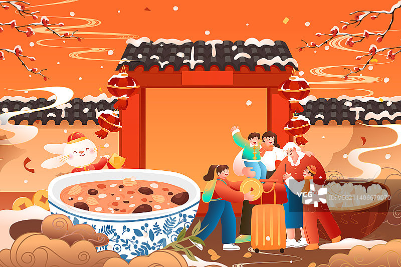 卡通春节元旦新年年货节美食腊八粥家人团圆拜年扫房子年俗兔年兔子生肖春运电商龙抬头中国风国潮矢量插画图片素材